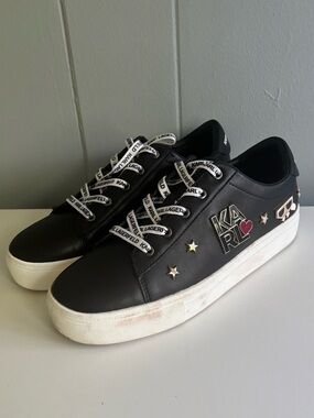 Karl Lagerfeld Black Leather Sneaker with Logo Patches and Star Studs